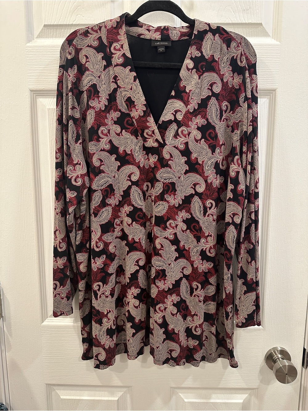 J Jill Wearever Crossover V-neck Tunic Top Size 2X Black Illuminated Paisley